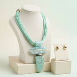Mint Green Marble Horn Pendant Multi Cord Necklace