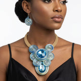 Blue Wire Wrap Teardrop Crystal Bib Necklace
