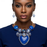 Blue Coiled Wire Heart Handmade Bib Necklace