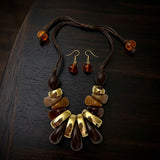 Brown & Gold Resin Teardrop Cord Tribal Necklace