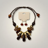 Brown & Gold Resin Teardrop Cord Tribal Necklace