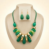 Green & Gold Resin Teardrop Cord Tribal Necklace