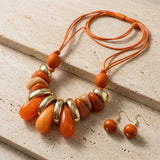 Orange & Gold Resin Teardrop Cord Tribal Necklace