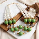 Chunky Green Glazed Bead & Pearl Layered Necklace