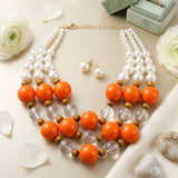 Chunky Orange Glazed Bead & Pearl Layered Necklace
