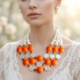 Chunky Orange Glazed Bead & Pearl Layered Necklace