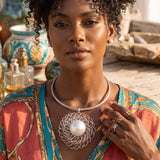 Silver Filigree Pearl Pendant Collar Necklace Set