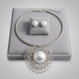 Silver Filigree Pearl Pendant Collar Necklace Set