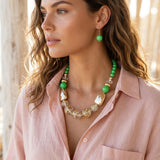 Bright Green Gold Flake Marble Beaded Necklace