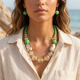 Bright Green Gold Flake Marble Beaded Necklace