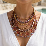 Layered Brown Crystal Beads & Gold Coil Necklace