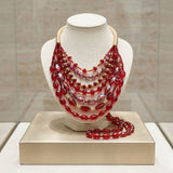 Layered Red Crystal Beads & Gold Coil Necklace