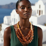 Tribal Brown Disc & Wood Chunky Bib Necklace