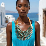 Tribal Turquoise Disc & Wood Chunky Bib Necklace