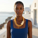 Tribal Mustard Yellow Cube Bead 9 Strand Necklace