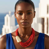 Tribal Coral Red Cube Bead 9 Strand Necklace