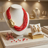 Tribal Coral Red Cube Bead 9 Strand Necklace