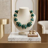 Emerald Green & Gold Marble Chunky Bead Necklace
