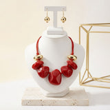 Red Resin Pebble & Cord Bib Collar Necklace Set