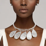 Bib Silver Metal Wire Teardrop Sculpted Necklace