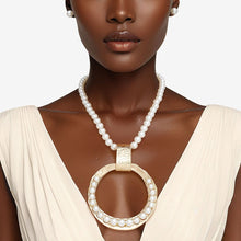 Load image into Gallery viewer, Pendant Sculpted Gold Ring Cream Pearl Necklace
