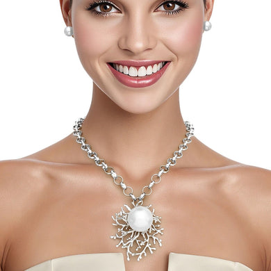 Pendant Branched Silver White Pearl Chain Necklace