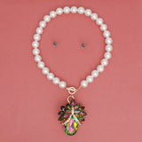 Toggle Pearl and Pink Green Glass Pendant Necklace