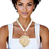 Cream Pearl Gold Palm Leaf Pendant Necklace