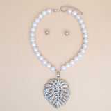 White Pearl Silver Palm Leaf Pendant Necklace