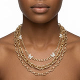 Gold Mixed Chain Stone Butterfly 3 Layer Necklace