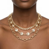 Gold Mixed Chain 3 Layer Necklace with Rhinestones