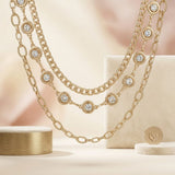 Gold Mixed Chain 3 Layer Necklace with Rhinestones