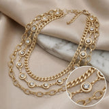 Gold Mixed Chain 3 Layer Necklace with Rhinestones