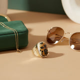 Domed Brown Leopard Stretch Gold Cocktail Ring