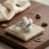 Cocktail Silver Stacked Pearl Dome Pave Ring