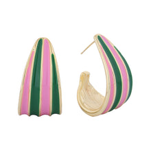 Load image into Gallery viewer, Open Hoop 14K Gold Pink Green Stripe Earrings
