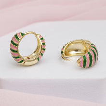 Load image into Gallery viewer, AKA 14K Gold Pink Green Striped Hoop Earrings
