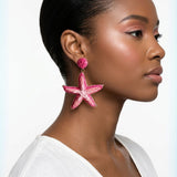 Layered Fuchsia Pink Raffia Starfish Drop Earrings