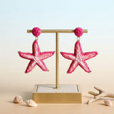 Layered Fuchsia Pink Raffia Starfish Drop Earrings