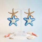 Layered Blue Raffia Starfish Drop Earrings