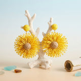 Looped Sunny Yellow Raffia Sunflower Drop Earrings