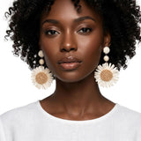 Looped Ivory Straw Raffia Sunflower Drop Earrings
