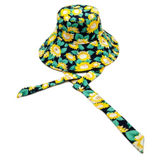 Load image into Gallery viewer, Navy Sunflower Chin Tie Bucket Hat
