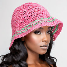 Cargar imagen en el visor de la galería, Bucket Hat Pink Green Stripe Straw for Women
