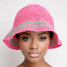 Cargar imagen en el visor de la galería, Bucket Hat Pink Green Stripe Straw for Women
