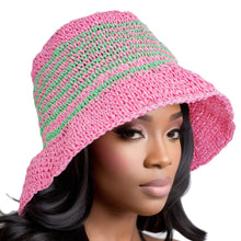 Load image into Gallery viewer, Bucket Hat Pink Green Multi Stripe Straw for Women
