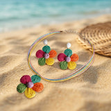 Multicolor Daisy Flower Raffia Pendant Necklace Set