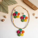 Multicolor Daisy Flower Raffia Pendant Necklace Set