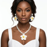 Ivory Daisy Flower Raffia Pendant Necklace Set