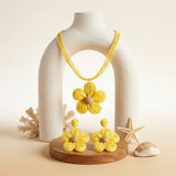 Yellow Daisy Flower Raffia Pendant Necklace Set